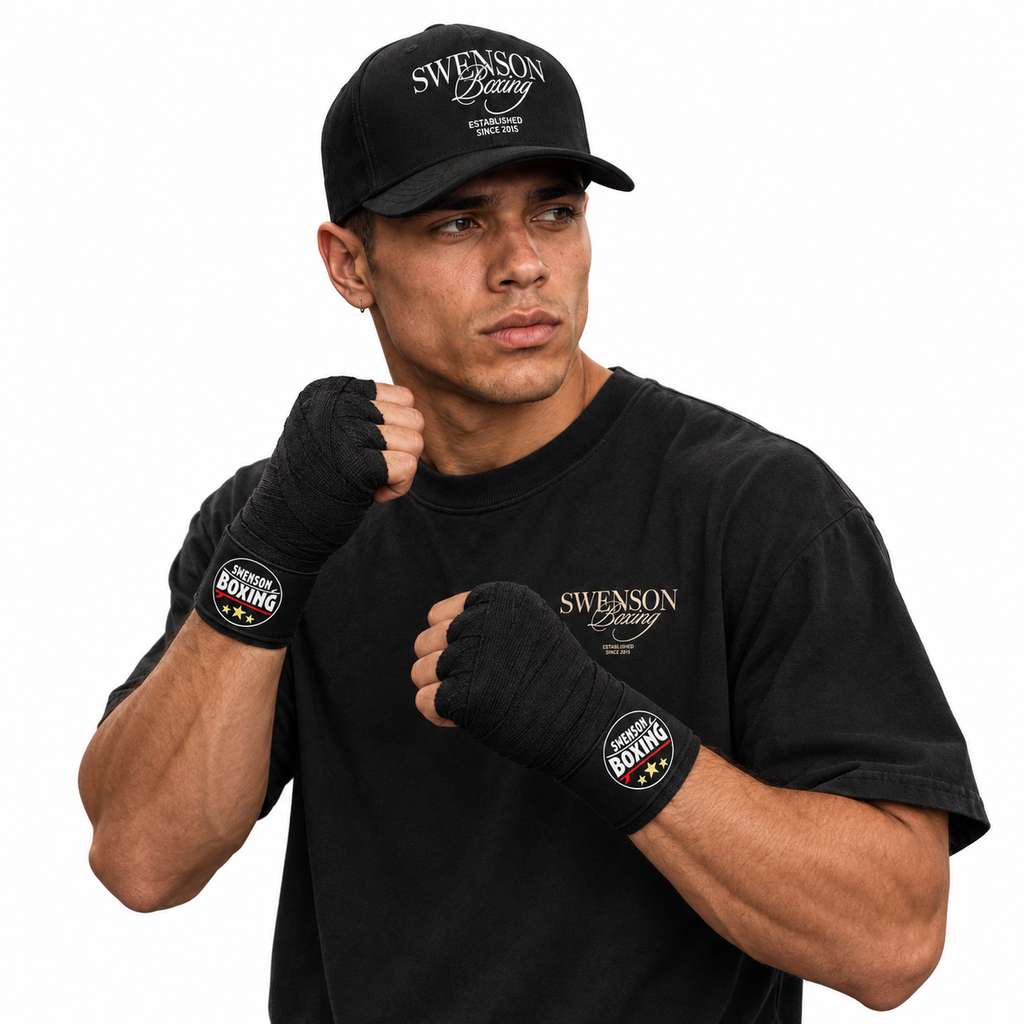 Male model wearing black Swenson Boxing traditional hand wraps