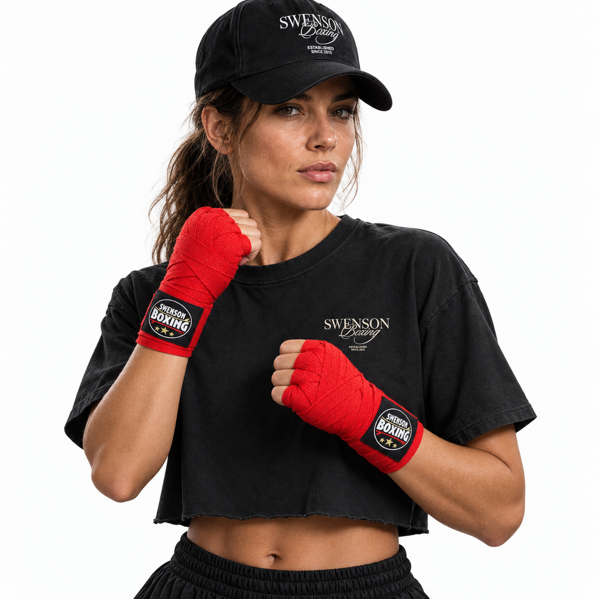 Female model wearing red Swenson Boxing traditional hand wraps